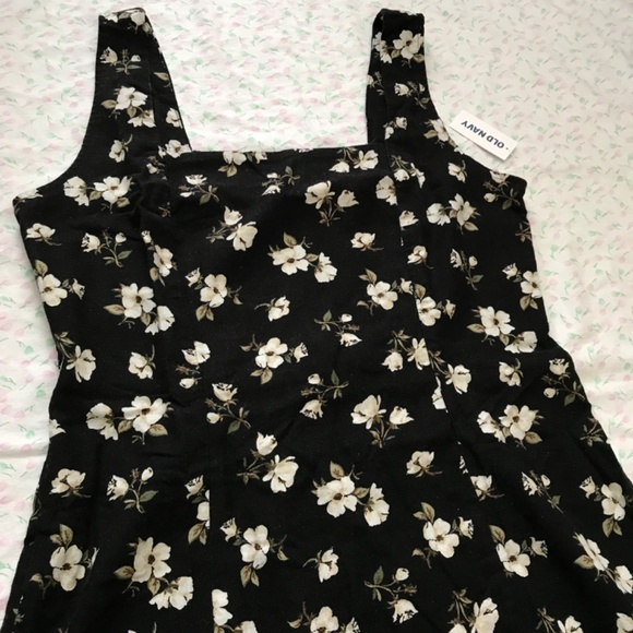NWT Old Navy Square Neck Linen Blend Mini Dress Black White Floral M Petite - Picture 7 of 14